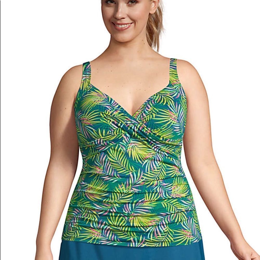 New Land’s End Plus size V neck wrap underwire tankini Baltic teal palm 14